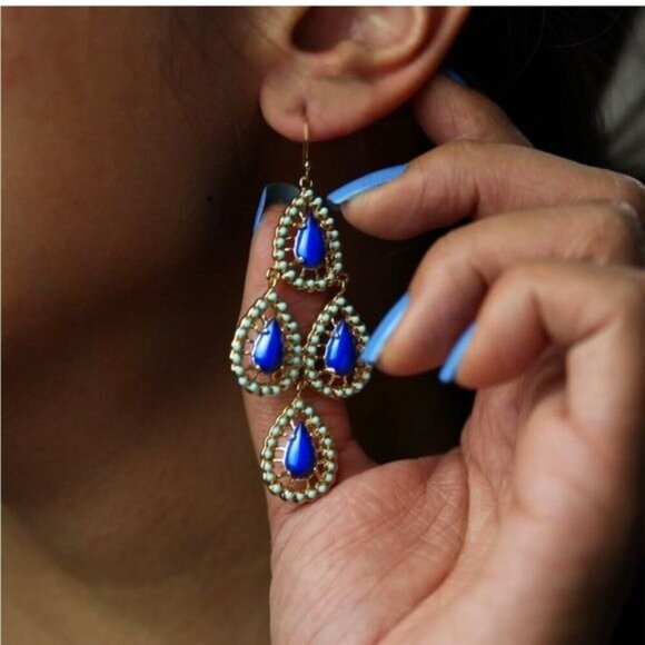 💜 Stella & Dot Seychelles Chandeliers Earrings - Navy Blue and Turquoise - Picture 3 of 8